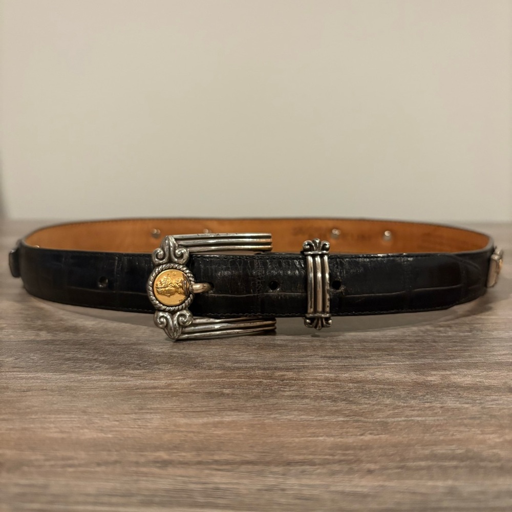 Brighton Museum Collection Black  Croc Goth Belt Coins Silver Gold Buckle S ‘96